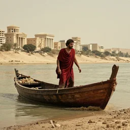 movie still of a man in red drapery in a blood barque on a river next to a neo - classical city in the desert, leica sl 2 5 0 mm, heavy grain, high quality, high detail, run, mud