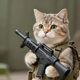 realistic cute cat holding a giant minigun