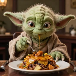 A still of Yoda eating pabellón, 4k, photograph, ultra realistic, highly detailed, professional lighting