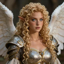 complex 3 d hyper realistic smooth ultra sharp render of an angelic gorgeous high elf princess paladin warrior woman | tanned skin, curly dirty blonde hair, freckles, luminescent eyes | d & d, medieval, fantasy | breathtaking, divine, serene | art by oh jinwook + 吵 集 仁 儿 on artstaion + takeshi obata + alphonse mucha