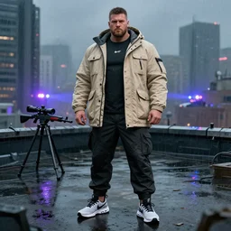 A broad shouldered, muscular man wearing Acronym p-31 Ds pants and beige-earth Parka jacket and Nike Acronym presto sneakers, rooftop, sniper rifle stationed in background, Police sirens shining in far background, trending on r/techwearclothing, high quality, digital art, dirty cyberpunk city, rain, greg rutkowski