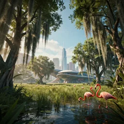 kowloon, everglades, trees hanging spanish moss, cyberpunk 2 0 7 7. flamingos, sci - fi, fantasy, wide angle highly detailed by santiago calatrava and andreas franke, wlod, captivating 8 k hdr, octane render godrays