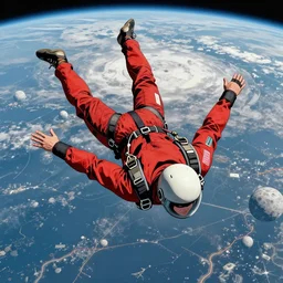 a top view of a skydiver falling back to earth from the moon, in the style of comic book, highly detailed, 8 k