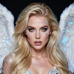 beautiful blonde female fallen angel, studio lighting, perfect eyes, detailed face, comic cover art, magic, technology, sigils, leds, shimmer, diamonds dust, rhinestones,