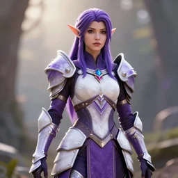 female druid wearing purple and white colored armor, extreme detail, octane render, trending on artstation, 4 k, medium shot, fantasy character, asymmetrical, bokeh, volumetric backlighting.