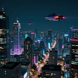 cyberpunk port city, flying cars seen in distance, night time, neon, artificial lighting, digital art, highly detailed