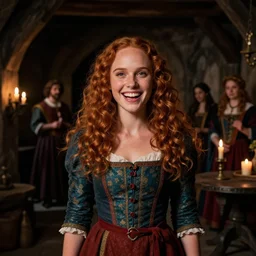 young, freckled, curly haired, redhead Natalie Portman  as a optimistic!, cheerful, giddy medieval innkeeper in a dark medieval inn. dark shadows, colorful, candle light,  law contrasts, fantasy concept art by Jakub Rozalski, Jan Matejko, and J.Dickenson