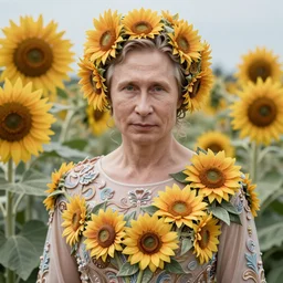 photo portrait of Vladimir Putin - sunflowers -  dressed in long elegant intricate ornamental  ethereal  sunflower dress, natural skin tone, highly detailed  realistic flowers ornament in the upper side of breast, hair and wrinkles are intricate with highly detailed realistic flowers, elegant, Realistic, Refined, Highly Detailed, natural soft pastel lighting colors scheme, fine art photography by Cecil Beaton, volumetric lighting, hyper realistic photography