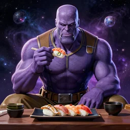 thanos eating sushi sitting in the cosmos