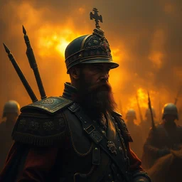 portrait of a prussian kaiser on the frontline, atmospheric lighting, golden hour, intricate painting by beksinski, greg rutkowski, ruan jia, tom bagshaw