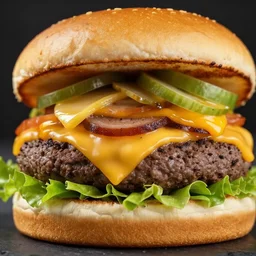 close ups photo of a delicious cheeseburger with lots of toppings, studio lighting 5 0 mm photograph