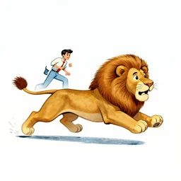 matchbox vintage illustration of a lion running after a man running