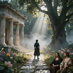 A character from Final Fantasy, Greek architecture, pearly flagstones, giant trees, god rays, bloom, volumetric fog, moody ambiance, cinematic lighting, Maxfield Parrish, Brom, Caravaggio, Da Vinci, Rubens, fantasy character, portfolio illustration, highly detailed, trending on Artstation, HQ, 8k, 35mm lens, f2.8, Bokeh,