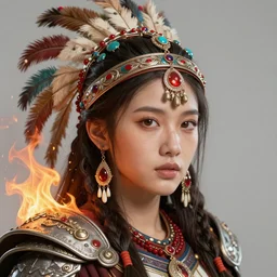 corinna kopf as an azctec warrior, detailed perfect face, exquisite details, fire magic, mid view, design on a white background, by studio muti, greg rutkowski makoto shinkai takashi takeuchi studio ghibli
