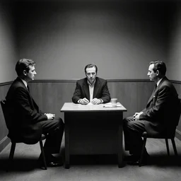 interrogation room, film noir, art film, stanley kubrick set piece,!! art!!, detective setting, black and white, cinematic