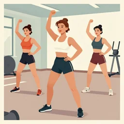 girls group fitness class in a gym, very coherent, 1 9 5 0 s propaganda poster art, three tone, muted colors