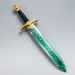 photograph of a wide green and teal crystal sword with a big gold sword hilt