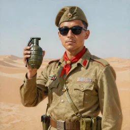 a painting of a 4 0 years old solidier with sunglasses, red ascot and a field cap, holding a hand grenade in the desert high details