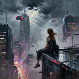 a girl on a ledge up above futuristic new york city, cyberpunk, fog, neon lights, flying cars, storm clouds, rain, oil painting, by george bellows