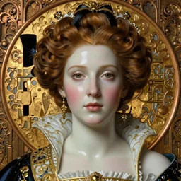 face centered portrait, artwork by james jean, hyperdetailed realistic smooth polished porcelain, beautiful czech queen, jean delville, art nouveau, gustav klimt, ornate copper patina gothic icon, james jean, ultrasharp hyperdetailed photorealistic octane render