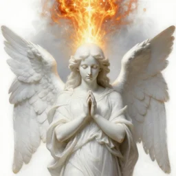 realistic painting portrait of white angel with clean narrow face like noface, by jan van eyck, noface!!!!, miracle light coming up from the head up and up!!, a lot of fire - stars overhead!!!, misty space, grace and blessing, sfumato effect, renaissance, christianity, marble stone, glow effect, large strokes, soft shadow and light, white background