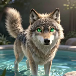 a lifelike anthropomorphic wolf(with long hair and cute big green eyes, tail raised, concerned expression, anthro wolf face, very fluffy and furry) standing in a pool, shot in wide angle, with soft lighting.
