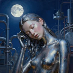 3 d, close - up, factory, liquid metal, sleepy fashion model, moon, night, poster art, high detail, intricate oil painting, multiple exposure, deep blue color palette, hyperrealism, 3 d, by tooth wu and wlop and beeple and greg rutkowski