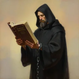 painting of a cloaked priest holding a massive book, book attached to his wrist with a chain, zdzislaw beksinski, lewis jones, mattias adolfsson, artgerm, cold hue's, warm tone gradient background, concept art, highly detailed, digital painting