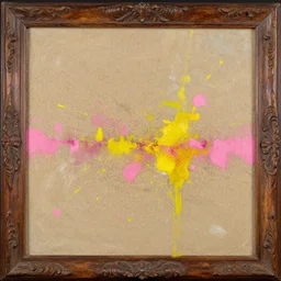 abstract oil painting mixed with sand in old carved wood with pink and yellow ink splatters ( ( ( ( ( ( ( informalism ) ) ) ) ) / complementary color scheme, daguerreotype, glitch art, great volume and textures with very strong brush strokes, highly detailed, intrincate, fantasy, elegant / octane, lumen unreal 5