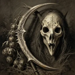 masterpiece sickle of death harvest, masterpiece by Edgar Maxence and Caravaggio and Michael Whelan and Caravaggio artistic, intricate drawing, light brazen, realistic fantasy, extremely detailed and beautiful aesthetic runic face, establishing shot, 8k resolution, dramatic lighting