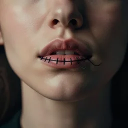 hight focus of a wonderful portrait of a lady with the lips that are sewn with black thread, dramatic light, cinematic, artstation, poster, octane render 8 k s 1