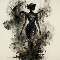epic concept art. abstract female silhouette mixing with black and color liquid fluid. abstract sculpture. art deco swirls. ink painting. smoke simulation, vfx, cinema 4 d, tyflow. epic masterpiece, michelangelo. 1 7 th century french painting. classicism concept art, matte painting. greg rutkowski, wlop, victo ngai, kandinski