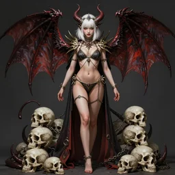 gorgeous!!! hyper - realistic woman as a chained demoness sorcerer empress wearing a bikini, short!!!! white!!!! hair + long bangs, dragon wings, ornate, skulls | beautiful!!! demon girl, morrigan aensland | art by jack kirby + akira toriyama + katsuhiro otomo + hirohiko araki + artgerm | intricate, highly detailed, digital painting, smooth, sharp focus, hyper - realistic, symmetrical, full body, illustration, character design, concept art