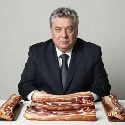 portrait of sinister viktor orban sitting behind a table full of bacon