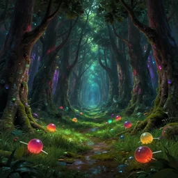 studio ghibli, Disney background style, lollipop forest, lit grassy pathway, trees with low branches close together, wet tiny mossy ground and colorful lighting, gothic, giant gumdrops on the ground, photorealistic, concept art, sci-fi, artstation, volumetric light moody cinematic epic, 3d render, octane render, trending on artstation, style of destiny 2 , bungie, artstation, by Thomas Kinkade Moebius and Craig Mullins, 4k