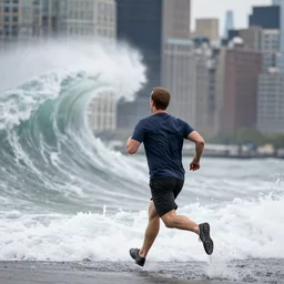 Mark Zuckerberg running away from a mega tsunami in New York City, dslr photo, background blur