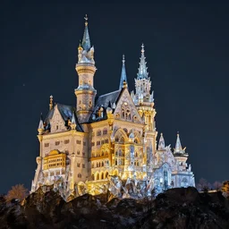 marvellous castle made of crystal and glass in a dark mountain during golden hour, detailed, intricate, glorious lighting, dark sky, stars, masterwork composition, cgsociety, caspar david friedrich, mark zug, strong presence