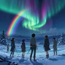 epic nighttime showdown in blizzard, rainbow lights, aurora, behance hd artstation by jesper ejsing by rhads, makoto shinkai and lois van baarle, ilya kuvshinov, ossdraws