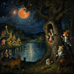 renaissance painting of a night carnival around a magical tree cavity, with a surreal orange moonlight and fireworks in the background, next to a lake with iridiscent water, christmas lights, folklore animals and people disguised as fantastic creatures in a magical forest by summer night, masterpiece painted by jan van goyen, scene by night, dark night environment, refraction lights, glares