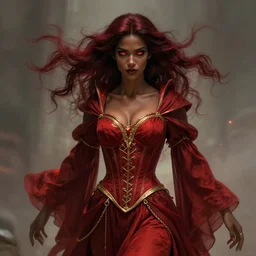 Portrait of a sorceress, alone!!, dnd, d&d, toned shape, alluring, Red robes, golden accents, crimson clothes, corset, neckline, young, dark red hair, dark skin, burning eyes, floating, detailed face!, highly detailed, high fantasy, digital illustration, by Krenz Cushart and Artem Demura and alphonse mucha, artstation, HD, 4K, midjourney