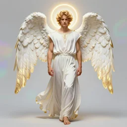 fullbody portrait of a beautiful young fit male angel with curly blond hairs, dressed in long fluent clothes, bare feet, majestic symmetrical big dove wings, luminous halo, by greg rutkowski and alphonse mucha, gradient white to gold, in front of an iridescent background, highly detailed portrait, digital painting, artstation, concept art, smooth, sharp focus illustration