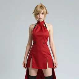 A medium shot, kodachrome photographic portrait of Lyse Hext by David Silis and Mike Dargas,red double split halter open front thigh dress,Final Fantasy XIV,extremely detailed,concept art,photorealistic,8k