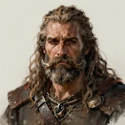 portray of fantasy barbarian, big horseshoe moustache. sad and remorseful face expressen. trending on artstation, concept art