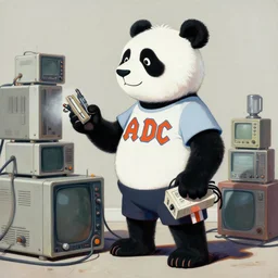 greg manchess painting of a trash panda character, wearing an acdc t - shirt and shorts, holding a box of cables and standing next to old electronic equiptment, medium shot, asymmetrical, profile picture, organic painting, sunny day, matte painting, bold shapes, hard edges, street art, trending on artstation, by huang guangjian and gil elvgren and sachin teng