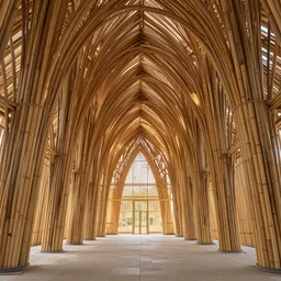 inside small organic pavilion made of bamboo. complex vaulting structure, thin columns. architectural photography. coronarender, 4 k, 8 k. volumetric lighting.