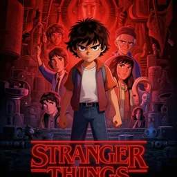 animated version of Stranger Things poster by Matt Groening, cartoon, high resolution, hyper detailed, intricate, illustrated, dramatic lighting !n-9