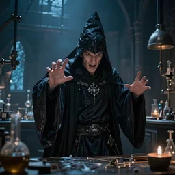 a beautiful panting of a dark wizard casting a spell, alchemist lab, hyperrealistic, cinematic atmosphere, epic, artstation, moebius