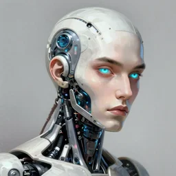 a man turning into an android portrait wearing a part cybernetic body, surrealism, scifi, intricate, elegant, sharp eyebrows, highly detailed cybernetic body, neon glowing eyes, digital painting, artstation, concept art, smooth, sharp focus, illustration, art by artgerm and moebius and peter mohrbacher