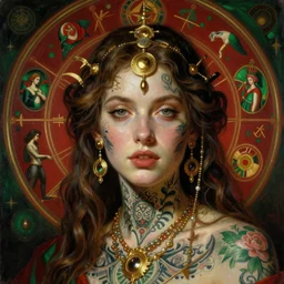 hyper realistic portrait painting of tattoed babe with intrincate detail, golden ornaments, and detailes face by godward, gustav moreau, saturno butto, boris vallejo, austin osman spare and david kassan, by bussiere. in romantic style, occult art, occult diagram, red and green color scheme.