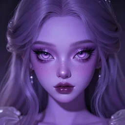 widowmaker as a young princess with purple skin, digital art by julia razumova and mel milton, dramatic soft lighting, gloss effects, and exaggerated proportions trending on artstation, shiny eyes, lipgloss, portrait, closeup, cute freckles